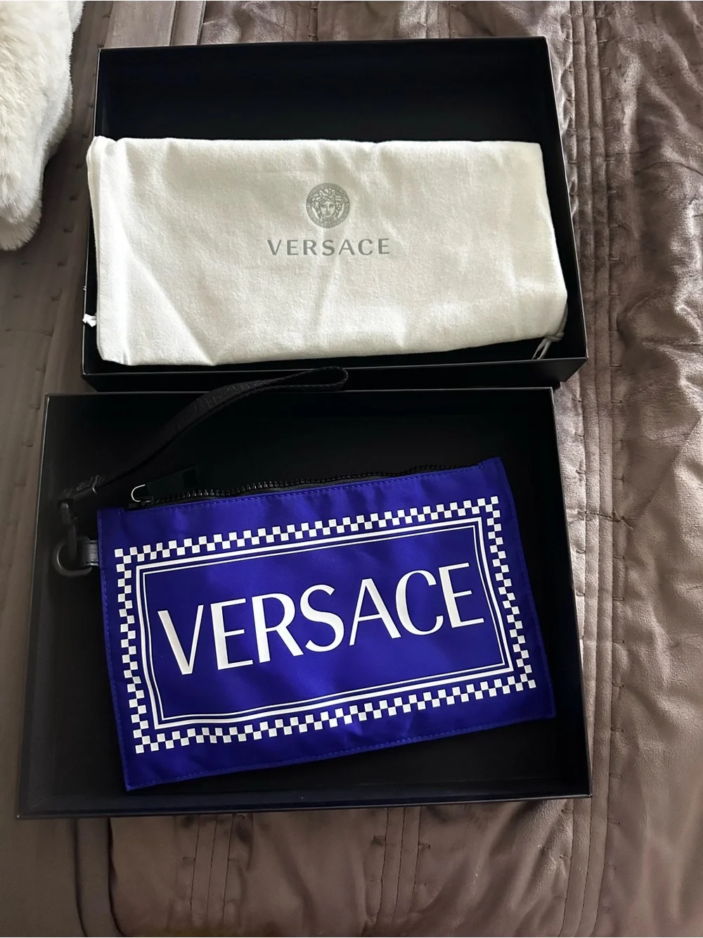 Versace blue and white logo clutch authentic